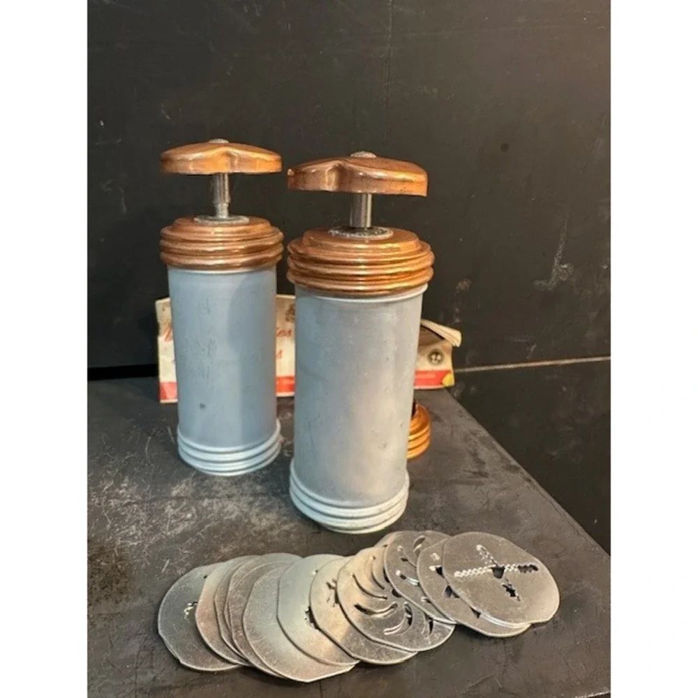2 Vintage Mirro Aluminum Cooky‎ Press Set Copper Accents  12 Discs and Recipes